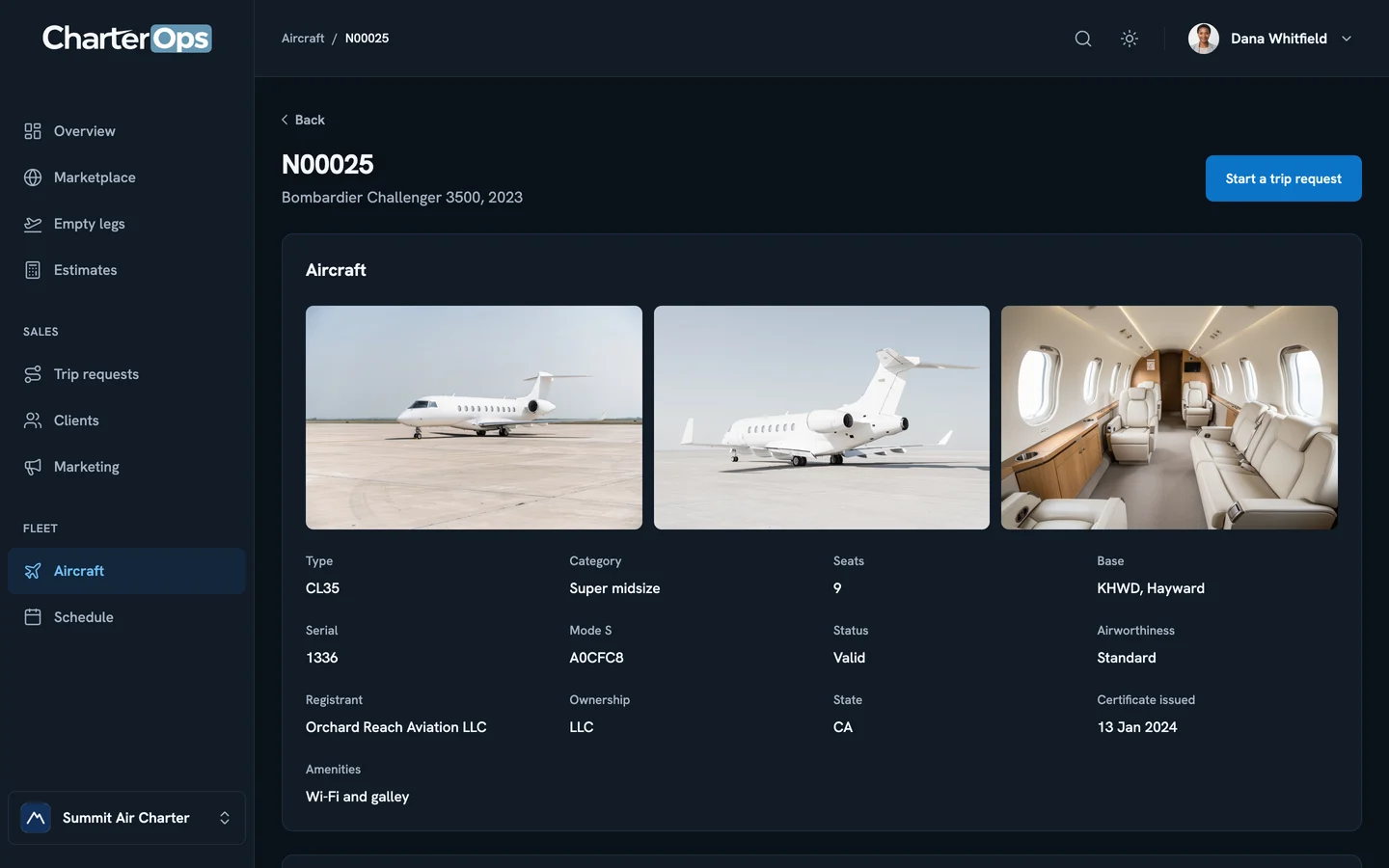 An aircraft page in demo mode: three photographs of a jet above its type, category, seats, and base