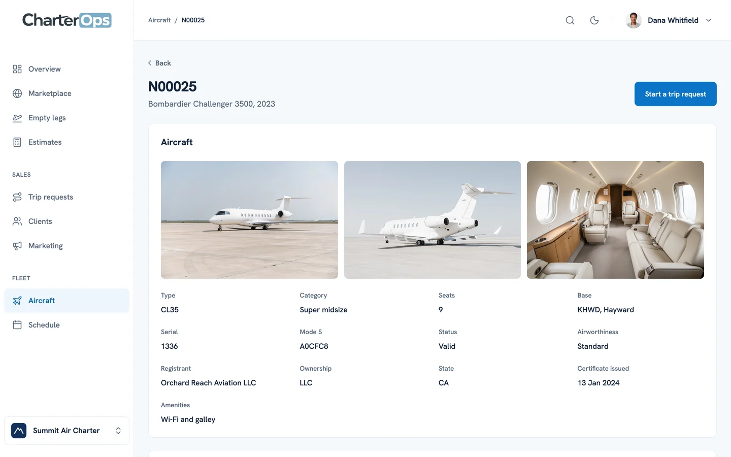 An aircraft page in demo mode: three photographs of a jet above its type, category, seats, and base