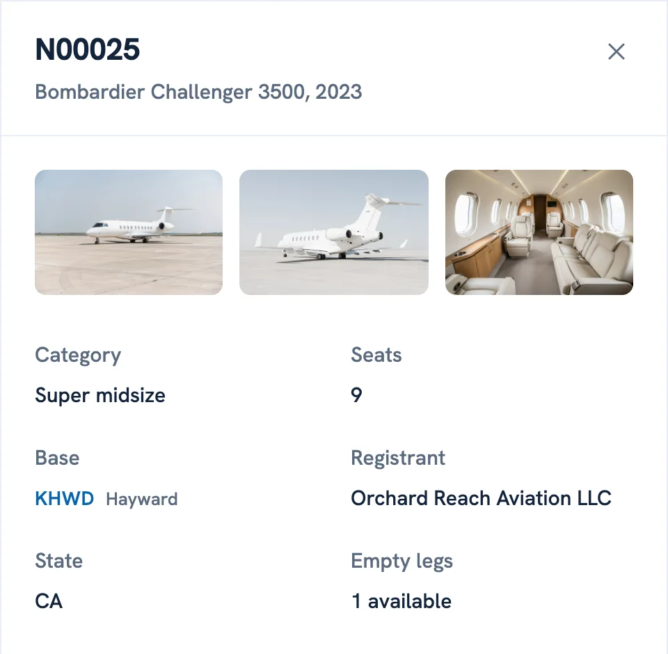 The aircraft panel in demo mode: photographs of one jet with its category, seats, base, and registrant