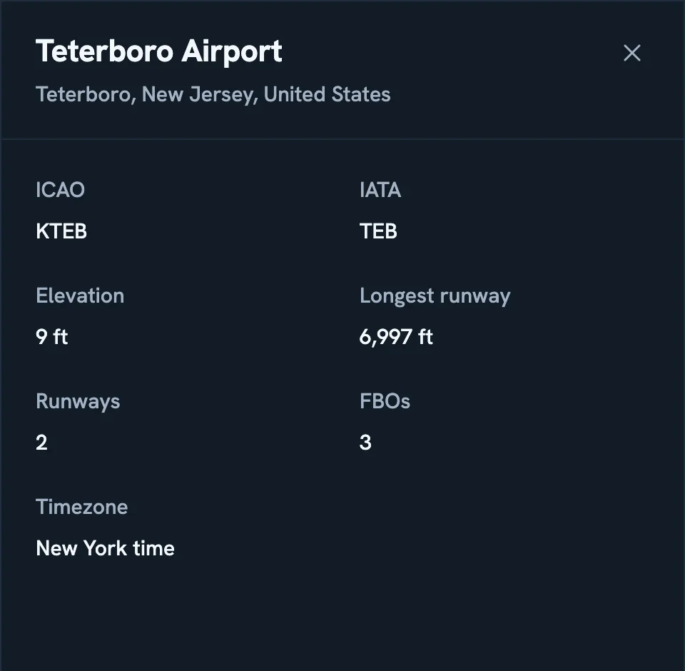 The airport panel for Teterboro: its codes, elevation, longest runway, and counts of runways and FBOs