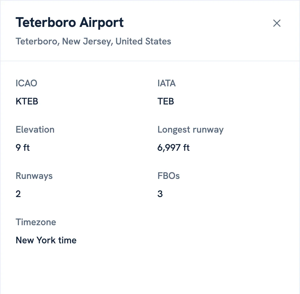 The airport panel for Teterboro: its codes, elevation, longest runway, and counts of runways and FBOs