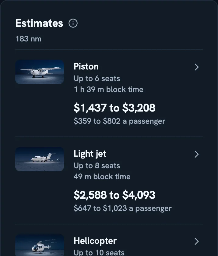Estimates in demo mode for one route: its distance, then each aircraft category with its block time and price range