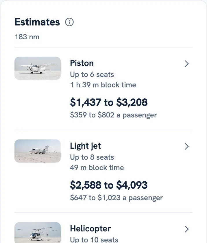 Estimates in demo mode for one route: its distance, then each aircraft category with its block time and price range