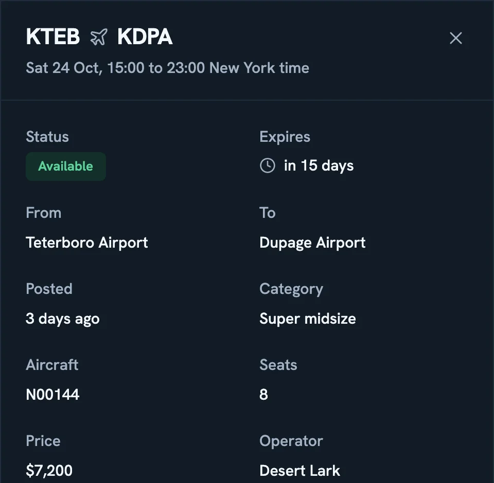 An empty leg panel in demo mode: the route, the departure window, the aircraft, its seats, and the price