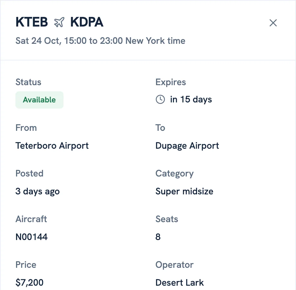 An empty leg panel in demo mode: the route, the departure window, the aircraft, its seats, and the price