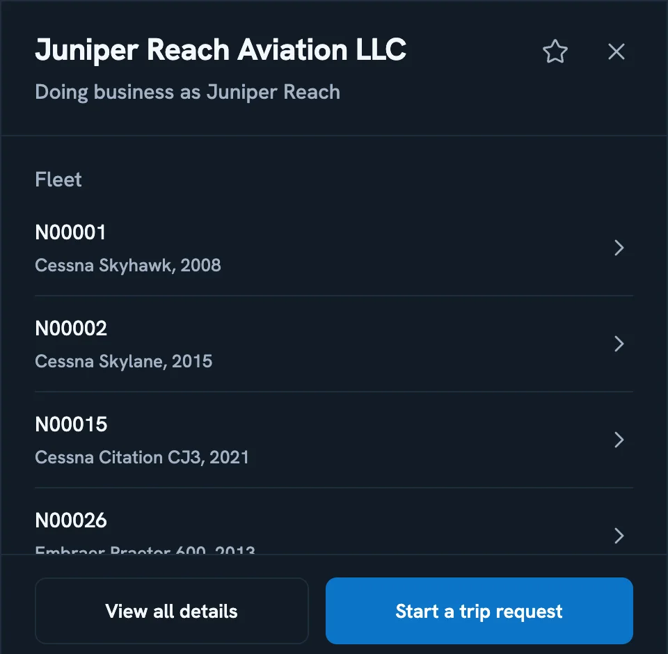 The operator panel in demo mode: one company and its fleet counted by aircraft category