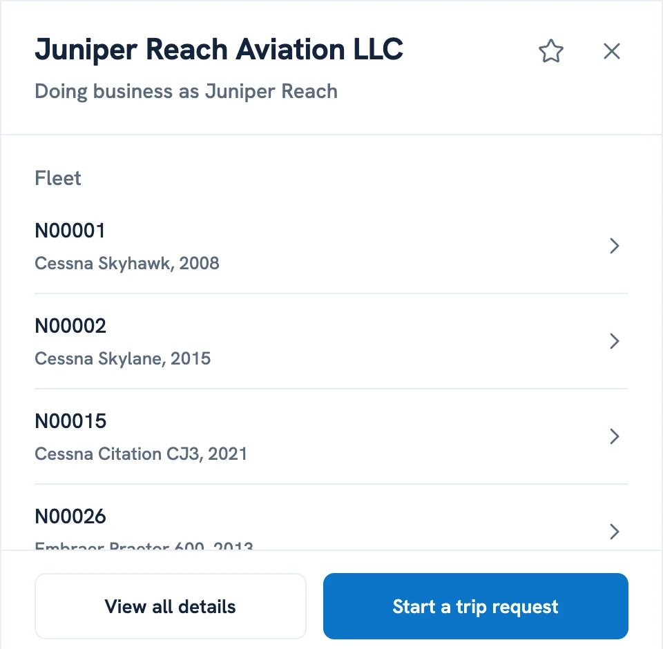 The operator panel in demo mode: one company and its fleet counted by aircraft category