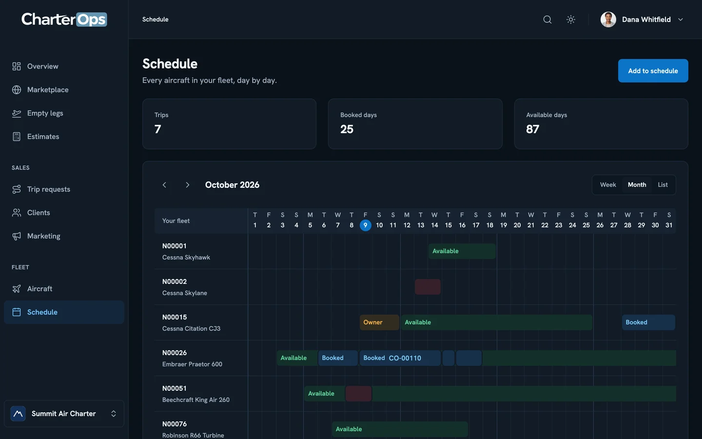 The Schedule in demo mode: a month of the fleet, one row per aircraft, with its available, booked, and owner days