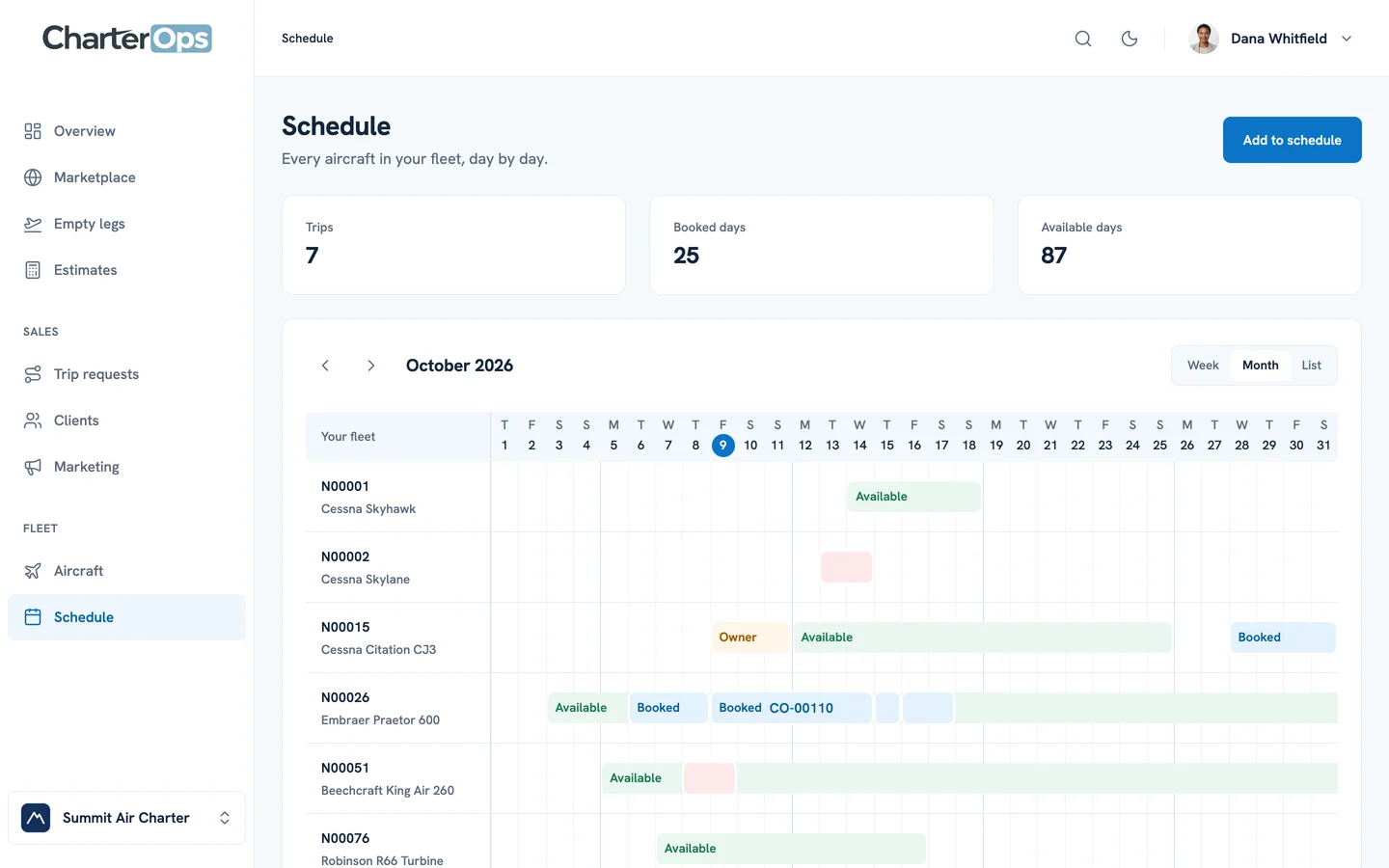 The Schedule in demo mode: a month of the fleet, one row per aircraft, with its available, booked, and owner days
